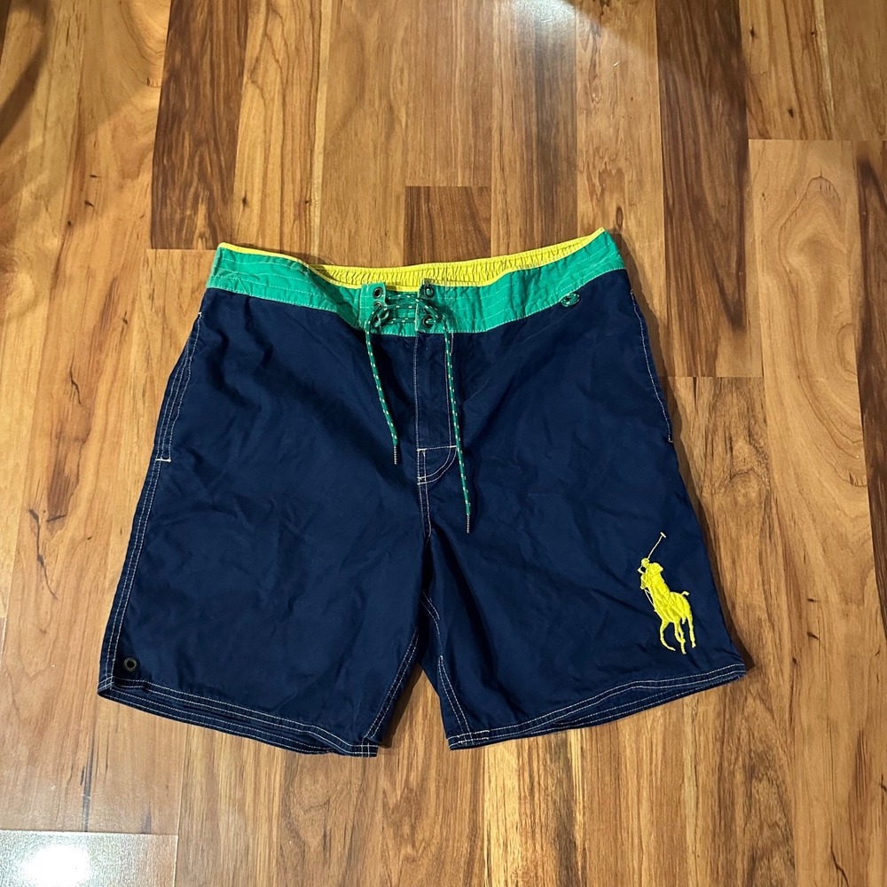 Vintage 90s Polo Ralph Lauren Colorblock Swim Trunks Navy Big Pony Shorts Mens L